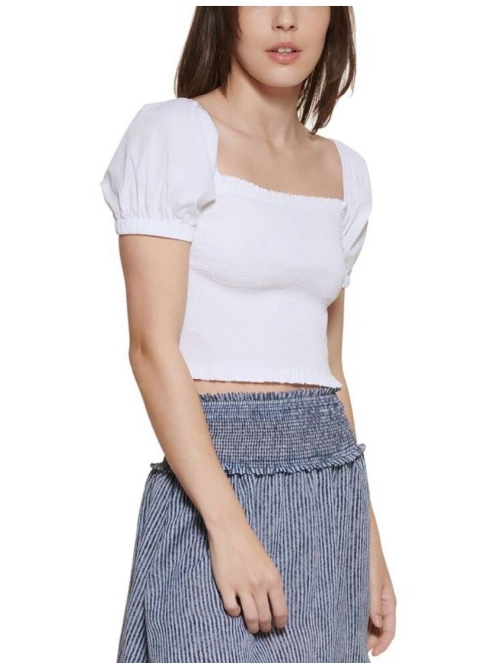 DKNY JEANS Womens White Pullover Unlined Pouf Sleeve Square Neck Crop Top M
